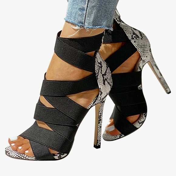 Black Heels Elastic Band Open Toe Size 8 - Picture 1 of 8